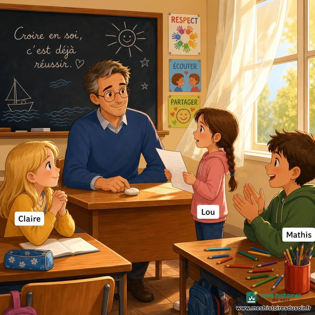 Un instituteur d’une quarantaine d’années au visage doux, cheveux châtains courts avec quelques mèches grises, lunettes rondes et sourire bienveillant, la main posée sur un petit galet blanc sur son bureau en bois, écoute avec émotion et fierté; Lou, une fillette d’environ 9 ans aux cheveux bruns en tresse, se tient debout devant la classe tenant une feuille, la voix tremblante mais déterminée en train de lire son histoire; Claire, environ 8 ans, cheveux blonds mi‑longs, la regarde avec admiration assise à gauche, et Mathis, environ 10 ans, cheveux courts, applaudit souriant au premier rang à droite avec des crayons colorés éparpillés sur son pupitre; la salle de classe baigne dans une lumière dorée du matin venant des grandes fenêtres à droite, rideaux légers qui bougent, tableau noir avec quelques dessins à la craie blanche et bleue, affiches colorées et rangées de pupitres en bois verni — ambiance douce, chaleureuse et pleine d’espoir.