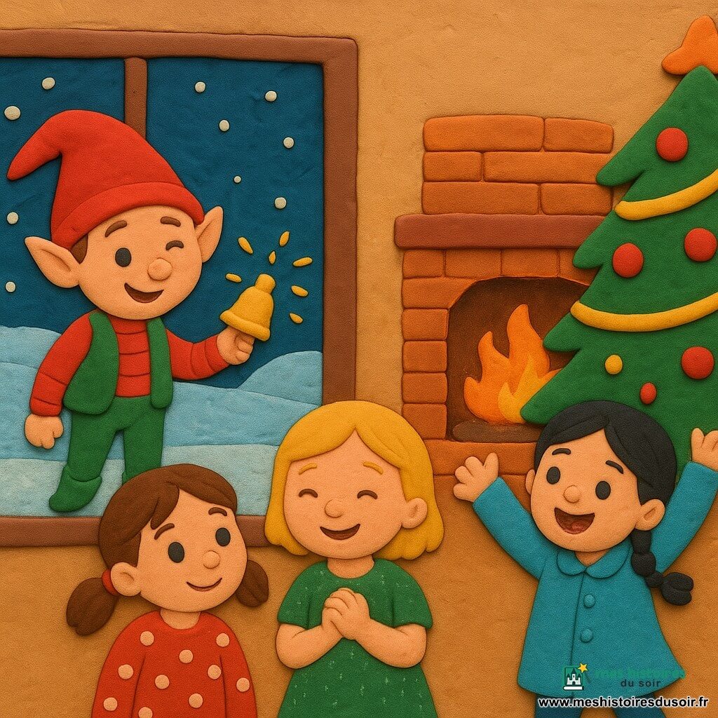 Quatre personnages : Lila, 7 ans, cheveux bruns en couettes, pull rouge à pois, à gauche près de la fenêtre souriante ; Zoé, 6 ans, cheveux blonds courts, robe verte scintillante, au centre près du sapin, rit doucement ; Mia, 5 ans, cheveux noirs tressés, manteau bleu ciel, à droite, saute avec enthousiasme, bras levés vers une clochette ; un lutin d’environ 100 cm, bonnet rouge, chaussons verts, veste rayée, tient une petite clochette dorée en faisant un clin d’œil depuis le perron enneigé. Intérieur chaleureux vu en bas-relief : sapin décoré à droite, cheminée au fond, fenêtre givrée à gauche sur une nuit étoilée, textures lisses comme en pâte à modeler. Le lutin agite la clochette qui émet des étincelles en pâte à modeler, les filles regardent émerveillées, ambiance douce, lumineuse et joyeuse, contrastes chauds dedans/froids dehors, composition lisible pour un enfant de 4 ans.