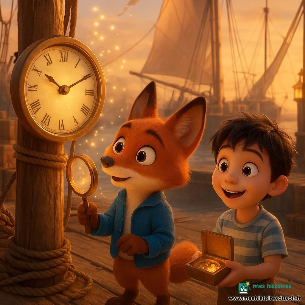 Renard Marin, renard anthropomorphe au pelage roux, tient une loupe et pose sa patte sur une grande horloge fixée au mât d'un navire ; un garçon aux cheveux noirs, en chemise rayée, tient une boîte mécanique ouverte, surpris et souriant en regardant la lumière dorée qui jaillit de l'horloge ; une femme robuste rapièce des filets sur le quai et observe la scène ; le vieux port en bois baigne dans la lumière du coucher de soleil, tandis que de petites étincelles nacrées tourbillonnent autour du mât, donnant une impression douce et magique de mise en mouvement du temps.