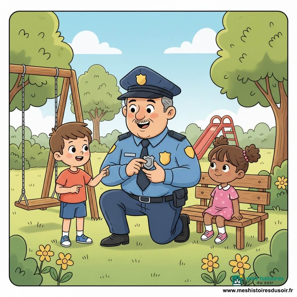 Un policier d'une cinquantaine d'années, souriant, visage rond et légère moustache, en uniforme bleu et grand chapeau, accroupi montrant son badge argenté d'un geste rassurant ; à gauche Léo, environ 6 ans, cheveux bruns courts et yeux émerveillés, debout près d'une balançoire ; à droite Ana, environ 4 ans, châtain en couettes, assise sur un banc en bois et souriante. Parc ensoleillé avec pelouse verte, arbres à feuilles rondes, petit toboggan rouge et fleurs jaunes, lumière douce du matin, ambiance calme et sécurisante, couleurs pastel et contours doux.