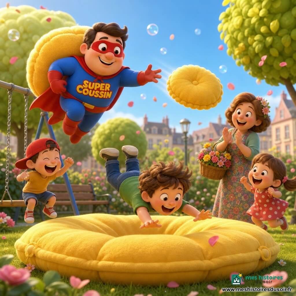 Un homme, Super Coussin, masque rouge et collant bleu, saute en lançant un énorme coussin jaune rebondi qui apparaît comme une bulle ; Léo, 6 ans, cheveux bruns, t-shirt vert, tombe mais atterrit au centre du coussin ; Madame Lemoulin, la fleuriste, en robe à fleurs tient un panier et applaudit à droite ; un garçon de 7 ans en casquette rouge et une fille de 5 ans en robe à pois rient en sautillant sur les bords ; petit parc urbain lumineux avec pelouse, banc, balançoire et arbres, pétales et bulles flottent, ambiance matin chaleureuse, couleurs vives et textures douces.