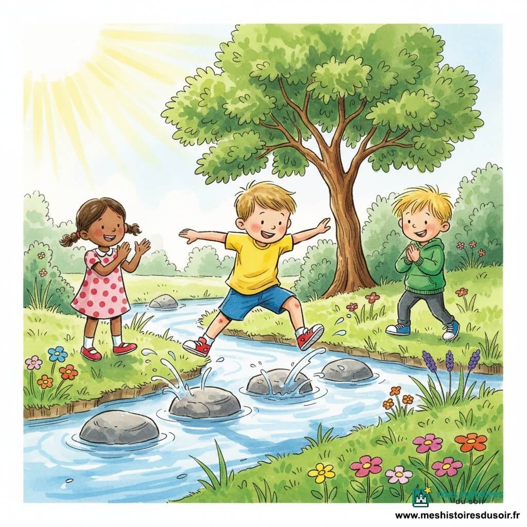 Léo, 4 ans, souriant et confiant, saute de pierre en pierre dans une rivière peu profonde; il porte chaussures rouges, t‑shirt jaune et short bleu, éclaboussures légères, posture sûre. Emma, 4 ans, en robe à pois et couettes brunes, applaudit depuis la berge gauche; Tom, 4 ans, cheveux blonds et sweat vert, regarde depuis la berge droite, admiratif. Petit parc ensoleillé avec herbe, fleurs sauvages et grand chêne; ambiance joyeuse et dynamique.