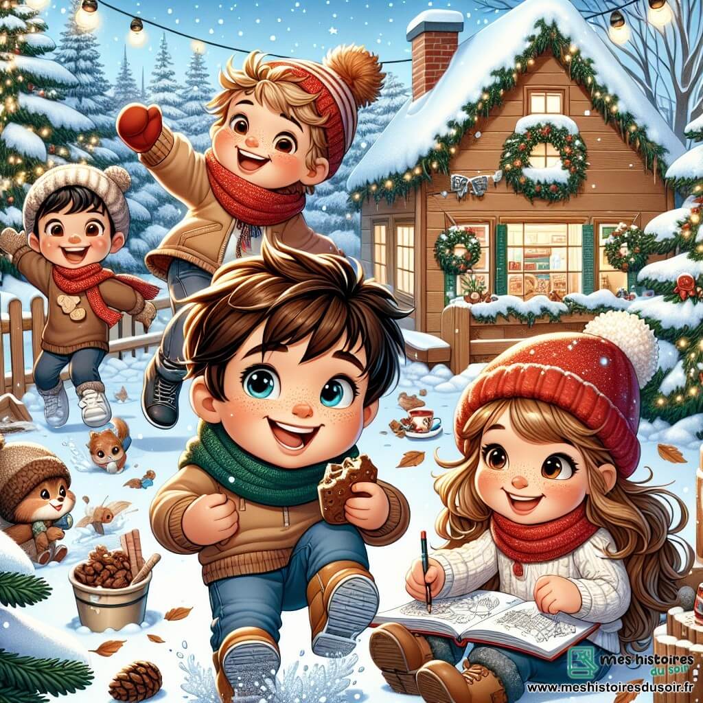 Dans un jardin enneigé, Lucas, un garçon de huit ans, saute dans un tas de feuilles mortes en riant. À côté, Emma, une fille aux cheveux blonds et bouclés avec un bonnet rouge, tient un biscuit au chocolat et sourit. Maxime, un garçon aux cheveux châtains, prépare une boule de neige, tandis que Léa, une fille aux cheveux noirs, dessine un sapin dans son carnet. Le jardin est entouré de sapins couverts de neige et des guirlandes lumineuses scintillent sur la maison. L'air est rempli de flocons de neige, créant une atmosphère magique. Les enfants s'amusent ensemble, capturant l'esprit de l'hiver et l'amitié.