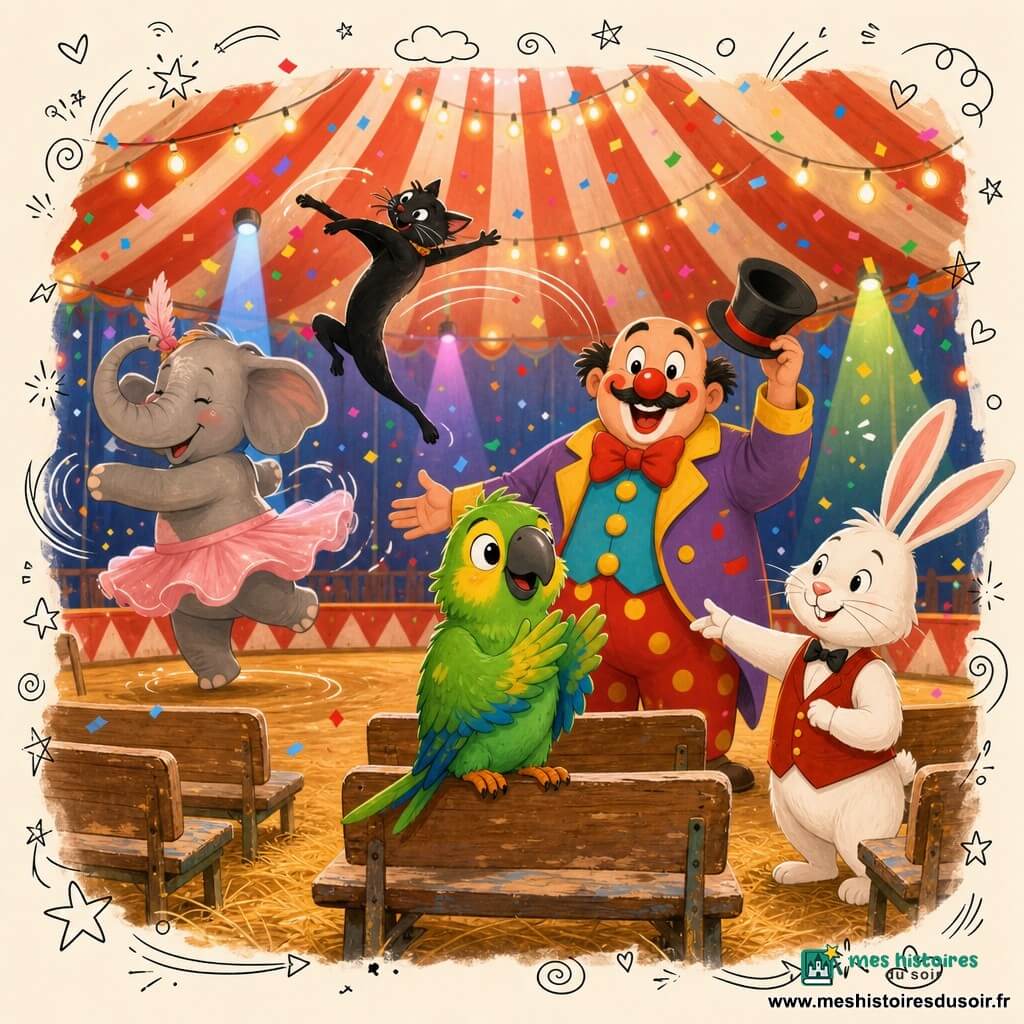 Pépito, petit perroquet vert aux plumes ébouriffées et touches jaunes et bleues, est assis au centre d’un siège en bois, applaudissant doucement ; derrière lui, un clown rond au nez rouge sourit en tenant un chapeau, un lapin blanc en gilet rouge indique la rangée, un chat acrobate noir saute en arc au-dessus de la piste et un éléphant gris en tutu rose tourne à gauche ; le chapiteau rayé rouge et blanc, guirlandes de lumière, bancs en bois usé, tapis de paille et confettis complètent une scène calme, joyeuse et légèrement magique.