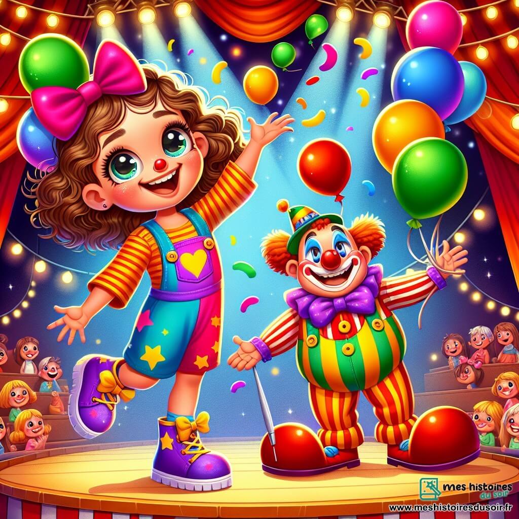 Une fille de 10 ans, Zoé, aux cheveux bruns bouclés et aux yeux pétillants, porte une salopette multicolore et un grand nœud papillon. Sur scène, elle jongle avec des ballons colorés, rayonnante et souriante. À ses côtés, Bobo le clown, un homme d'environ 40 ans avec un nez rouge et des cheveux ébouriffés, rit et fait des grimaces, ajoutant à l'ambiance festive. Le chapiteau de cirque est vibrant de couleurs, avec des lumières scintillantes et un public enthousiaste assis sur des bancs en bois. Zoé et Bobo captivent le public avec leur numéro hilarant, provoquant rires et applaudissements.