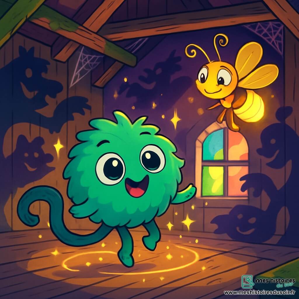 Brumelette, une petite boule moelleuse vert émeraude avec de grands yeux brillants et une queue longue et torsadée, danse joyeusement dans une cabane mystérieuse. Son visage montre une curiosité pétillante et une légère nervosité, entourée de lumières scintillantes. À ses côtés, Scintillotte, une luciole espiègle aux antennes tordues, vole en illuminant la scène de sa lumière dorée. La cabane, en vieux bois recouvert de mousse, laisse passer une lumière éclatante à travers une fenêtre, tandis que des ombres dansent autour d'eux, prenant des formes amusantes. La scène illustre Brumelette surmontant sa peur en dansant avec les ombres, créant une atmosphère magique et joyeuse.