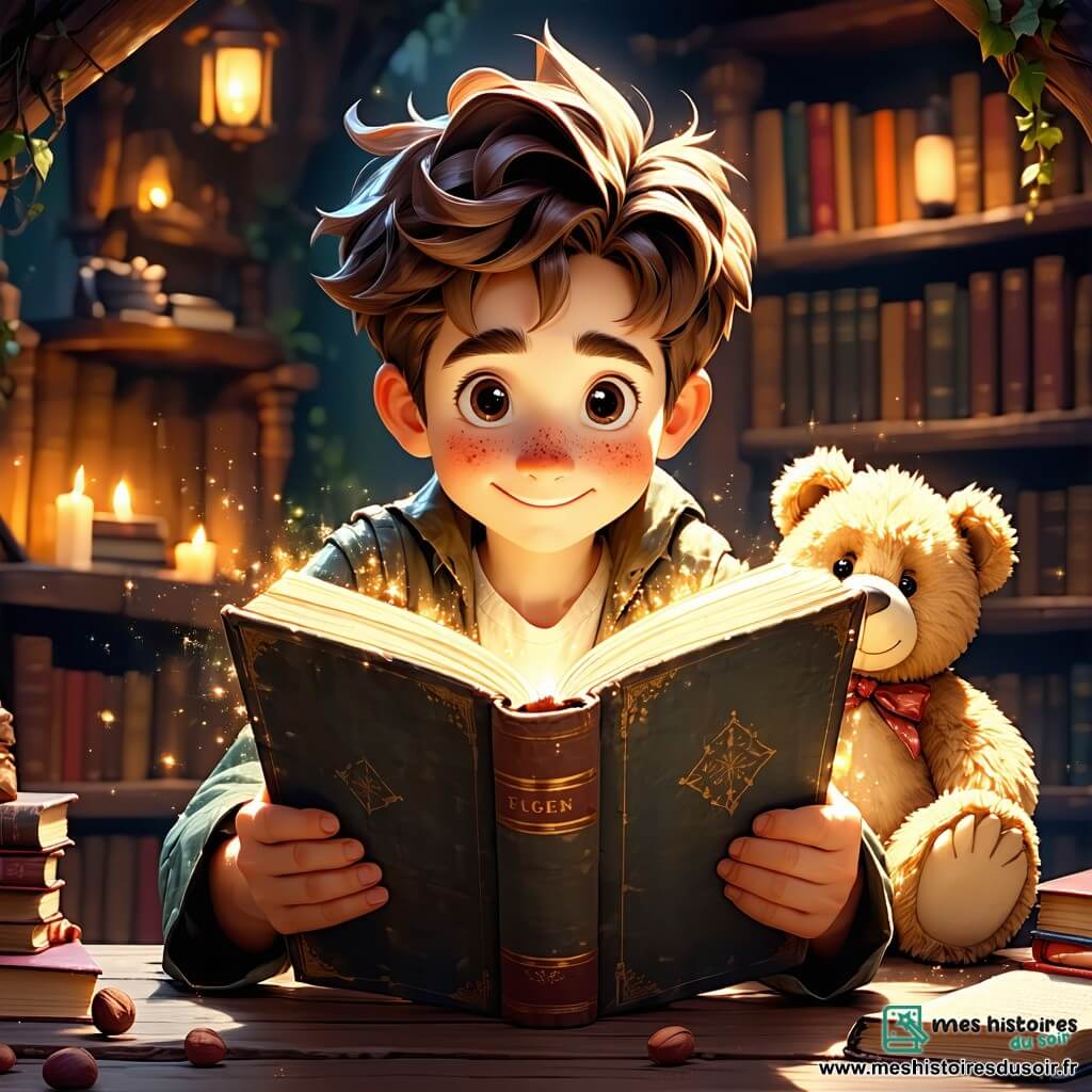 Au centre de l'image, Hugo, un jeune garçon aux cheveux bruns en bataille et aux yeux pétillants, tient un vieux journal, son visage illuminé par l'excitation. À ses côtés, Gaston, un ours en peluche aux poils doux et usés, observe attentivement le journal. En arrière-plan, une cabane en bois, recouverte de mousse et entourée de fleurs colorées, se dresse avec une porte entrouverte laissant entrevoir un intérieur mystérieux. Le sol est parsemé de feuilles et de fleurs sauvages, tandis qu'un ruisseau scintille à proximité, ajoutant une touche de magie. Hugo et Gaston explorent la cabane, découvrant des indices, dans une ambiance d'aventure et de mystère, prêts à résoudre le secret du trésor caché.