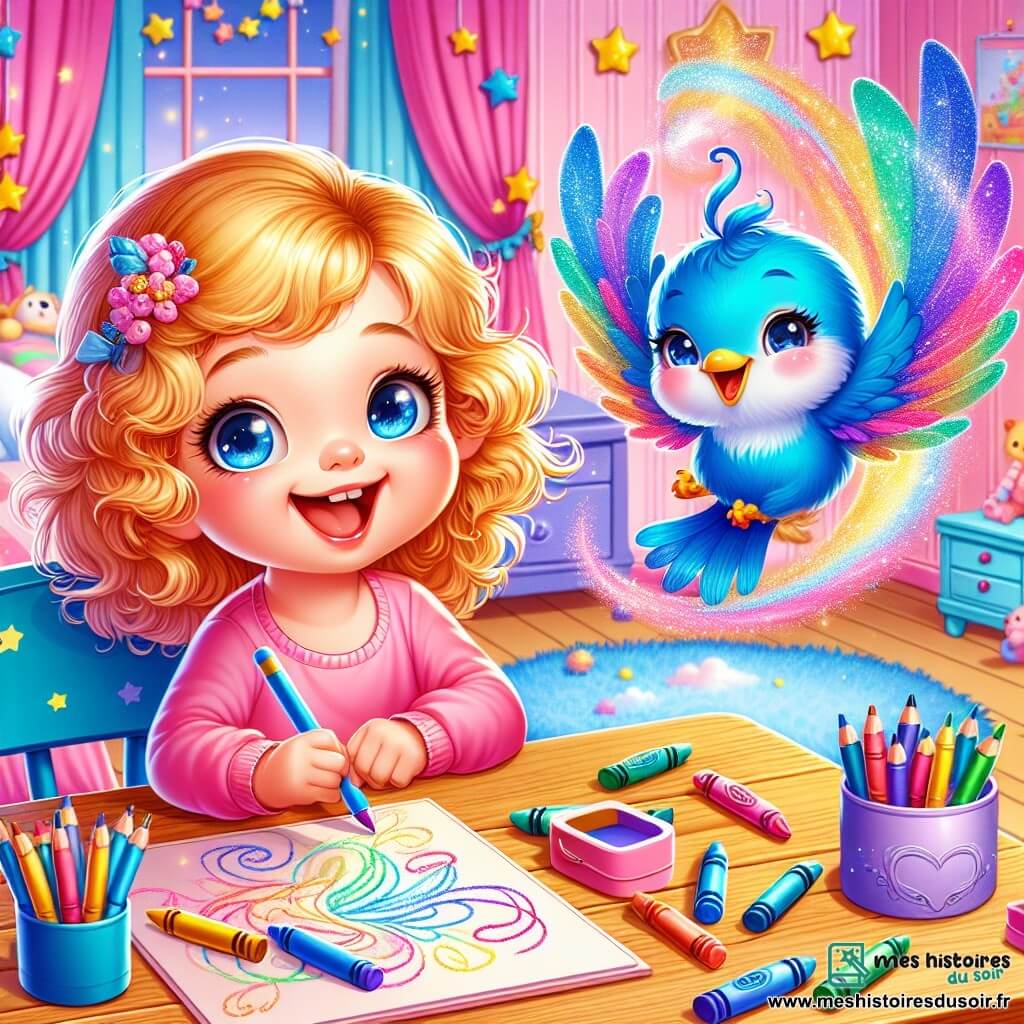 Une petite fille de 4 ans, Zoé, avec des cheveux bouclés et dorés, sourit joyeusement assise à son bureau en bois, un crayon coloré à la main. À côté d'elle, un petit oiseau bleu chante gaiement. La chambre est colorée avec des murs rose pastel, des étoiles dorées au plafond et des jouets éparpillés. Un grand tapis moelleux en forme de nuage est sous ses pieds. Zoé et l'oiseau dansent et rient ensemble, tandis qu'une plume magique virevolte autour d'eux, ajoutant une touche de magie à l'atmosphère joyeuse.