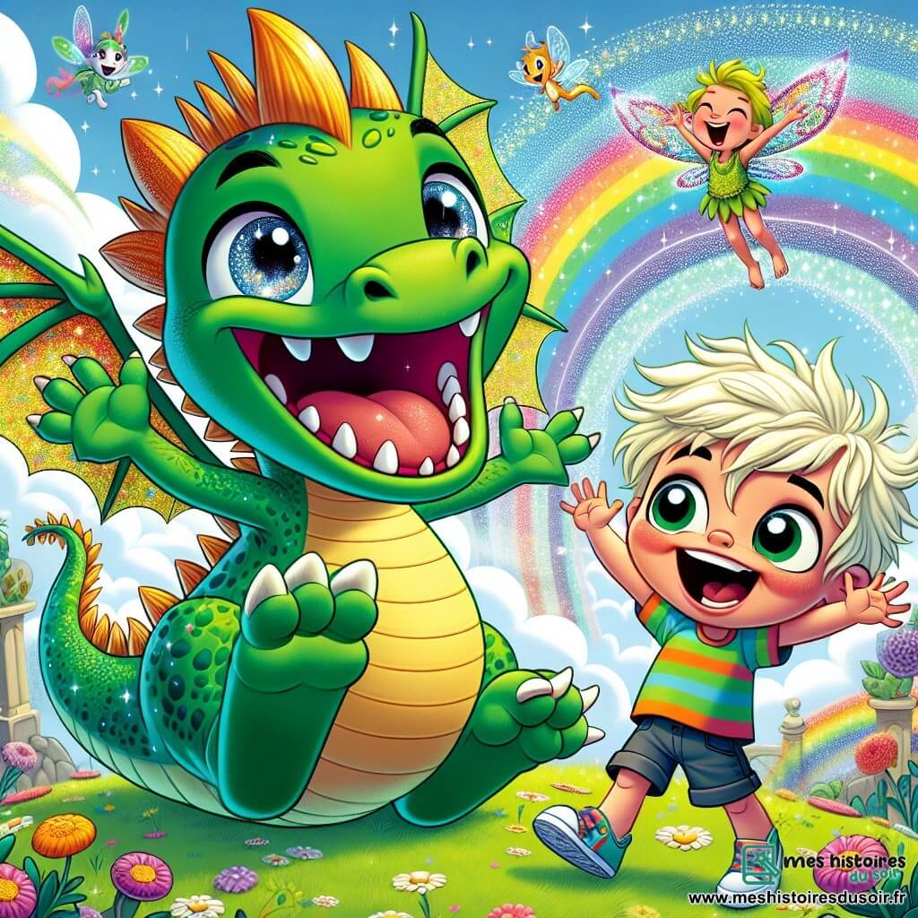 Un dragon vert nommé Gribouille, avec des écailles brillantes et des yeux pétillants, se tient au centre de la scène, riant aux éclats et agitant ses grandes ailes. À côté de lui, Léo, un petit garçon de 7 ans avec des cheveux en désordre, rit aussi et danse joyeusement. Un peu plus loin, Paillette, une petite fée aux ailes scintillantes, flotte dans les airs avec un sourire espiègle. La scène se déroule au sommet de la Montagne des Éclats de Rire, un lieu magique où des fleurs colorées dansent et des arcs-en-ciel brillent. Gribouille, Léo et Paillette se préparent pour un concours de blagues, entourés d'une foule enthousiaste qui rit et applaudit, créant une atmosphère joyeuse et magique.