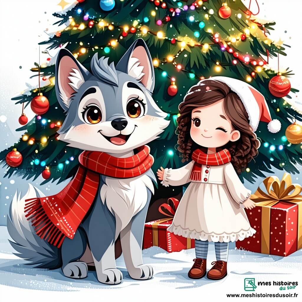 Un petit loup nommé Loupi, avec un pelage gris doux et des yeux curieux, se tient joyeusement devant un grand sapin de Noël décoré de guirlandes colorées et de boules scintillantes. Il porte une écharpe rouge et sourit, excité par la fête. À ses côtés, une petite fille aux cheveux bouclés, vêtue d'une robe rouge avec des flocons de neige, rit en tenant un biscuit en forme d'étoile. En arrière-plan, un groupe d'enfants souriants se rassemble autour du sapin, créant une atmosphère festive. Le marché de Noël est animé, avec des lumières scintillantes et des flocons de neige tombant doucement. Loupi et ses amis célèbrent Noël en décorant le sapin avec des guirlandes faites main, partageant rires et histoires.