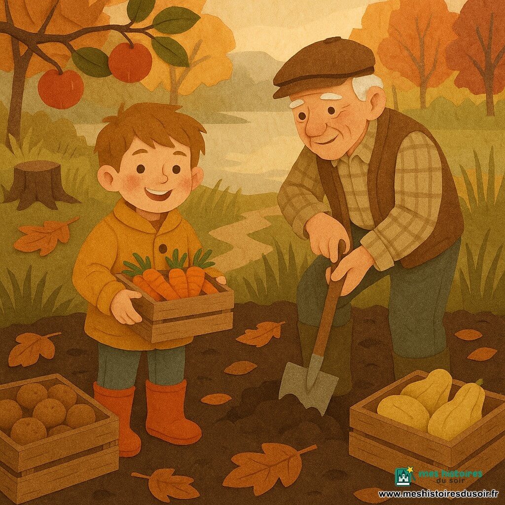 Un garçon de 8 ans souriant, joues rosies, cheveux châtain clair en bataille, en veste en laine moutarde et bottes en caoutchouc, tient une petite cagette de carottes orange vif; à sa droite, un grand-père d’environ 70 ans, cheveux blancs et casquette brune, en chemise à carreaux et gilet en laine, fouille la terre avec une petite bêche; autour d’eux, cagettes de pommes de terre et courges sur la terre sombre, herbes hautes, souches et un petit chemin, un étang brumeux reflétant des arbres rouges, oranges et dorés, feuilles rousses au sol et une branche de pommier avec quelques pommes, scène de récolte automnale au crépuscule, atmosphère chaude et tranquille en style papier découpé avec textures de papier froissé et collages superposés.