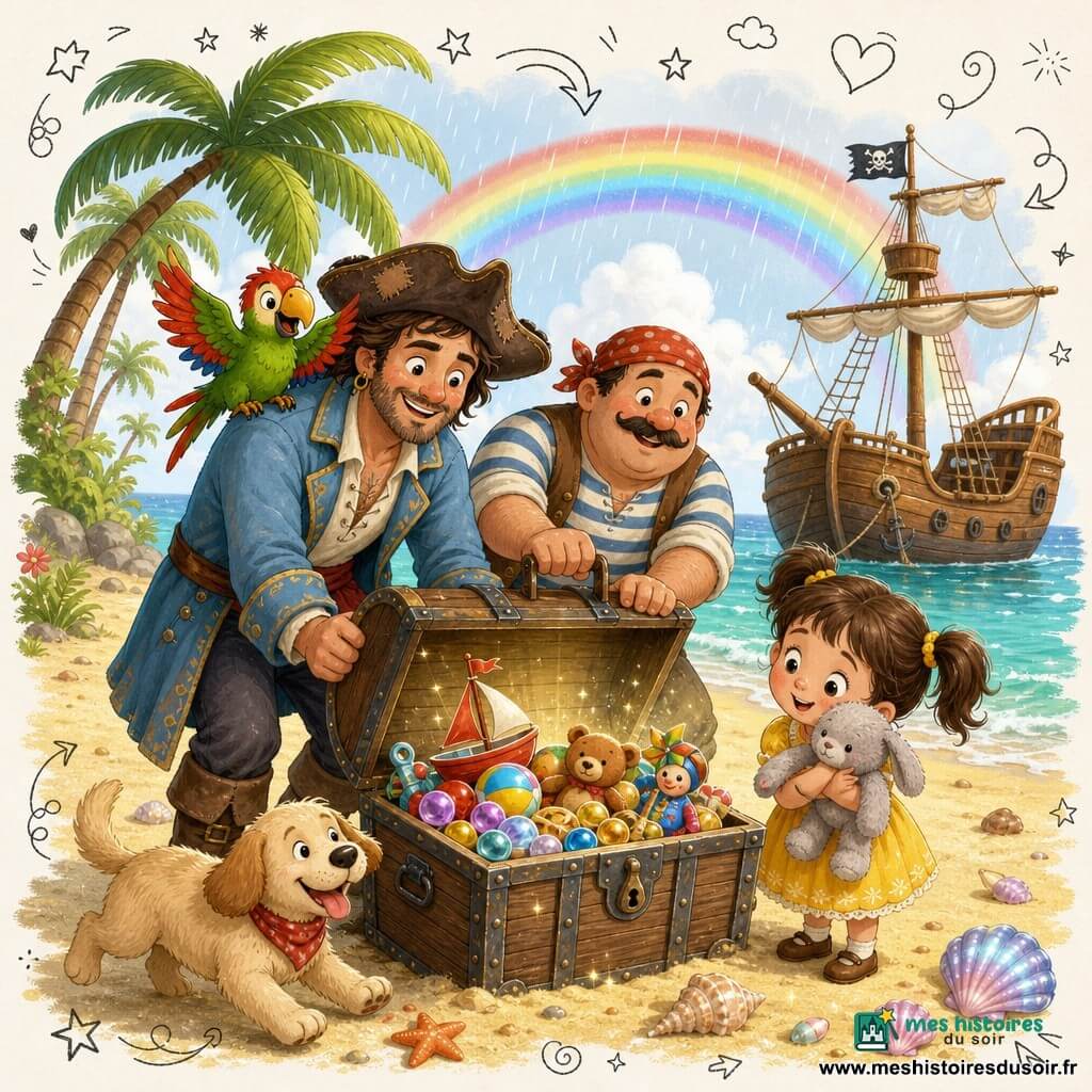 Un pirate nommé Marc, souriant et bienveillant, visage buriné, grand chapeau rapiécé et veste bleu clair, pousse un coffre en bois ouvert sur une petite plage de sable doré en regardant avec douceur une fillette d'environ 4 ans aux couettes brunes en robe jaune qui serre son doudou gris et sourit en voyant les jouets; un matelot moustachu en chemise rayée tire la poignée du coffre à côté de Marc; un perroquet vert et rouge sur l'épaule de Marc a les ailes entrouvertes, un chien beige remue la queue au premier plan, un bateau en bois à l'ancre borde l'eau turquoise; légère pluie qui cesse, arc‑en‑ciel vif et reflets lumineux sur le coffre rempli de jouets colorés; couleurs gaies, traits doux et textures papier avec doodles blancs.