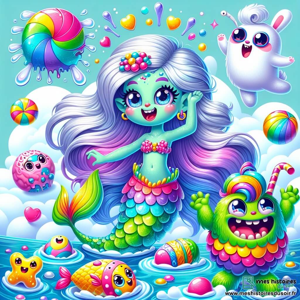 Au centre de l'image, Lili, la sirène aux écailles scintillantes allant du bleu turquoise au violet, flotte gracieusement au-dessus de l'eau, entourée de bulles colorées, tenant un bonbon en forme de poisson et affichant un grand sourire. À gauche, Glouglou, le petit monstre vert avec des yeux ronds et des cheveux en spaghetti, saute de joie sur un nuage en forme de bonbon, montrant à Lili un tas de bonbons qu'ils ont trouvé. À droite, Niko, le lapin aux grandes oreilles, danse avec un air espiègle, portant des lunettes de soleil. Le décor est une forêt magique avec des arbres en bonbons et des fleurs dansantes. L'image montre Lili, Glouglou et Niko en pleine fête, riant et dansant ensemble, célébrant leur amitié dans un monde fantastique.
