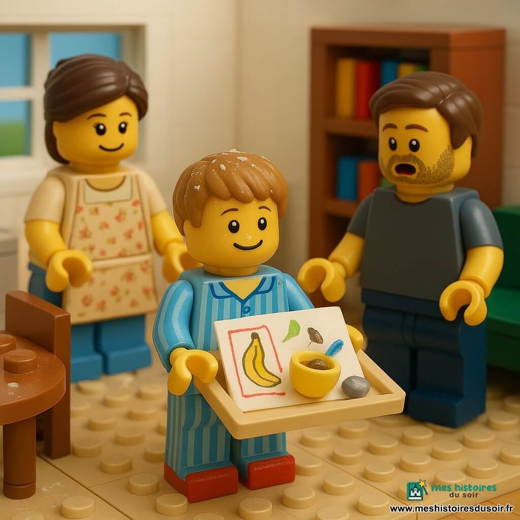 Un garçon de 6 ans aux cheveux châtain clair courts, visage rond avec taches de farine, expression fière et joyeuse, tient à deux mains un plateau contenant un petit bol jaune de dessert à la banane, un dessin manuscrit coloré, une petite plume bleue et un caillou brillant ; il porte un pyjama rayé et des chaussons rouges. À gauche, la mère (~30 ans) cheveux bruns en chignon, sourire tendre, main sur le dossier d’une chaise, t-shirt clair et tablier à petites fleurs ; à droite, le père (~35–40 ans) barbe légère, t-shirt gris, entre dans la pièce surpris et ému, mains levées pour recevoir le plateau, devant un canapé bas et des étagères de livres. Cuisine-salon lumineux, sol en bois clair, table ronde avec miettes et pot de miel, placards blancs, fenêtre laissant entrer une lumière matinale douce et des carrés de soleil sur le tapis, traces de farine visibles. Scène principale : moment de surprise et de tendresse, parents émus et sourire partagé — plan moyen, couleurs chaudes et contrastes doux, textures de briques LEGO visibles, détails nets (petites étoiles de chocolat, dessin enfantin avec lettres maladroites, plume bleue brillante).