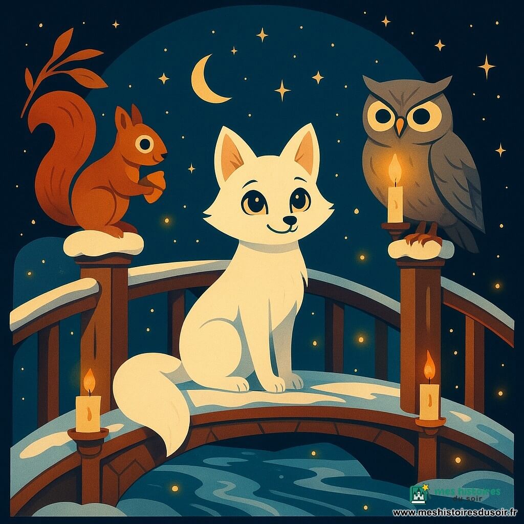 Un renard nommé Flocon, au pelage blanc, se tient sur un pont en bois enneigé, émerveillé. À côté, un écureuil nommé Noisette, à la fourrure rousse, accroche des glands dorés. Une chouette sage, Lune, aux plumes grises, tient une bougie magique sur une rambarde. Le pont, décoré et illuminé par des bougies et des lucioles, surplombe une rivière gelée qui reflète les lumières. Le ciel nocturne est étoilé.
