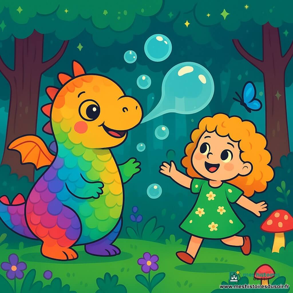 Un dragon rond et doux, aux écailles brillantes de toutes les couleurs de l’arc-en-ciel, sourit joyeusement avec un œil doré pétillant d’amitié. Il fait une énorme bulle avec son souffle sucré, entouré de petites bulles de savon. Lila, une petite fille de 6 ans aux cheveux bouclés et dorés, porte une robe verte fleurie. Elle saute sur la mousse, émerveillée par le dragon. La scène se déroule dans une forêt magique avec des arbres majestueux, des feuilles scintillantes, des fleurs violettes et des champignons colorés. Un papillon bleu vole autour d’eux. Lila et Pompon le dragon s’amusent ensemble, créant des bulles qui remplissent la forêt de rires et de joie.