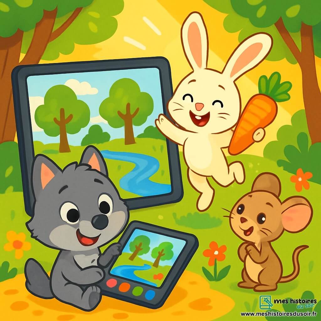 Petit Loup, un jeune loup aux yeux pétillants et au pelage gris, est assis devant un grand écran lumineux, souriant avec curiosité. Il tient une tablette de dessin colorée, entouré de dessins d'arbres et de rivières. À côté de lui, Lapinou, un petit lapin aux grandes oreilles blanches, saute de joie avec une carotte géante qu'il a dessinée. Un peu plus loin, Souricette, une petite souris aux yeux brillants, admire les créations de ses amis. La scène se déroule dans une clairière ensoleillée, entourée d'arbres verts et de fleurs colorées, avec un sol recouvert de feuilles dorées. Petit Loup et ses amis dessinent et jouent ensemble, découvrant les merveilles de l'écran magique tout en profitant de la nature.