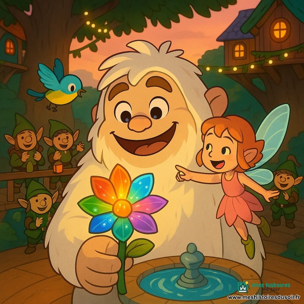 Toudoux, un grand Yéti rond au pelage crème et sourire exprimant la joie, tient délicatement une Fleur-Lumière aux pétales arc-en-ciel scintillants ; Capucine, une petite fée en robe-feuille rose pâle aux ailes iridescentes, vole à hauteur d'épaule en la montrant du doigt, un petit oiseau bleu et jaune sauvé tourne en chantant autour de la fleur, et plusieurs lutins en vêtements verts et marron applaudissent avec de petites lanternes sur une passerelle en bois derrière lui ; le tout se déroule sur la grande place d’Haubrefeuille, construite sur une branche massive avec planchers patinés, maisons colorées accrochées aux branches, guirlandes de feuilles lumineuses et une fontaine en pierre qui reflète la lumière, au crépuscule aux tons orangés et roses, ambiance festive et chaleureuse centrée sur Toudoux et la Fleur-Lumière.