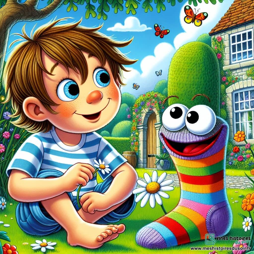 Un petit garçon de 5 ans, Louis, avec des cheveux bruns en bataille et un grand sourire, est assis dans l'herbe du jardin de sa grand-mère. Il porte un t-shirt rayé et un short bleu, tenant une marguerite, émerveillé par une chaussette colorée qui parle à côté de lui. La chaussette, Chaussette-Bavarde, est multicolore et joyeuse, prête à entraîner Louis dans une aventure. Le jardin est magique, rempli de fleurs éclatantes, de papillons et d'un ciel bleu. Louis et Chaussette-Bavarde discutent alors que le jardin tourne autour d'eux, annonçant le début de leur voyage vers le Monde à l'Envers.