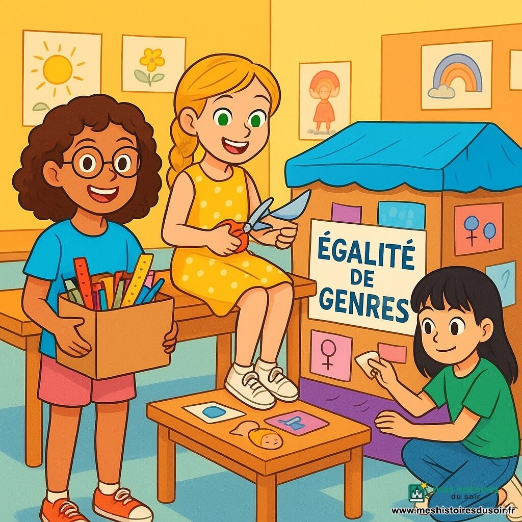 Trois personnages sont présents : Lila, une fille de 11 ans avec des cheveux bruns bouclés et des lunettes rondes, portant un t-shirt bleu et un short rose, souriante et tenant une boîte de fournitures ; Maïa, également âgée de 11 ans, avec des cheveux blonds tressés et des yeux verts, vêtue d'une robe jaune à pois, assise sur une table en découpant des images ; et Noor, une fille de 11 ans avec des cheveux noirs lisses et une frange, portant un t-shirt vert et un pantalon en jean, accroupie en collant des étiquettes sur des vitrines qu'elles ont créées ensemble. L'action se déroule dans une salle polyvalente lumineuse avec des murs colorés, des tables en bois et des affiches d'enfants. Les filles créent un musée interactif sur l'égalité des genres, affichant des idées reçues et encourageant les autres enfants à s'exprimer tout en riant et s'entraidant.