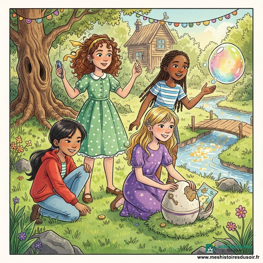 Quatre filles suivent une boussole dans un jardin de printemps : Lina, 9 ans, cheveux bouclés châtain attachés par un ruban jaune, robe à pois verts, tient une petite boussole ; Jade, 9 ans, cheveux noirs en queue de cheval, veste rouge, accroupie à gauche tendant la main vers un petit chocolat doré roulant ; Samia, 10 ans, peau mate et cheveux tressés, T-shirt rayé bleu et blanc, rit en regardant une bulle-œuf lumineuse flotter au-dessus d’un ruisseau scintillant ; Chloé, 8 ans, cheveux blonds lâchés, robe violette étoilée, agenouillée près d’un gros œuf en papier mâché posé sur un coussin de mousse et posant la main dessus. Le décor : pelouse verte, vieux chêne tordu à gauche, petit ruisseau à droite avec un ponton en bois fragile, cabane peinte en arrière-plan et guirlandes colorées. Elles découvrent des œufs magiques — chocolats roulants, bulles-œufs arc-en-ciel et un grand œuf décoré ouvert contenant une clé dorée et une carte — le tout rendu en encre colorée vive avec textures aquarelle et lumière dorée de fin d’après-midi, expressions joyeuses et émerveillées.