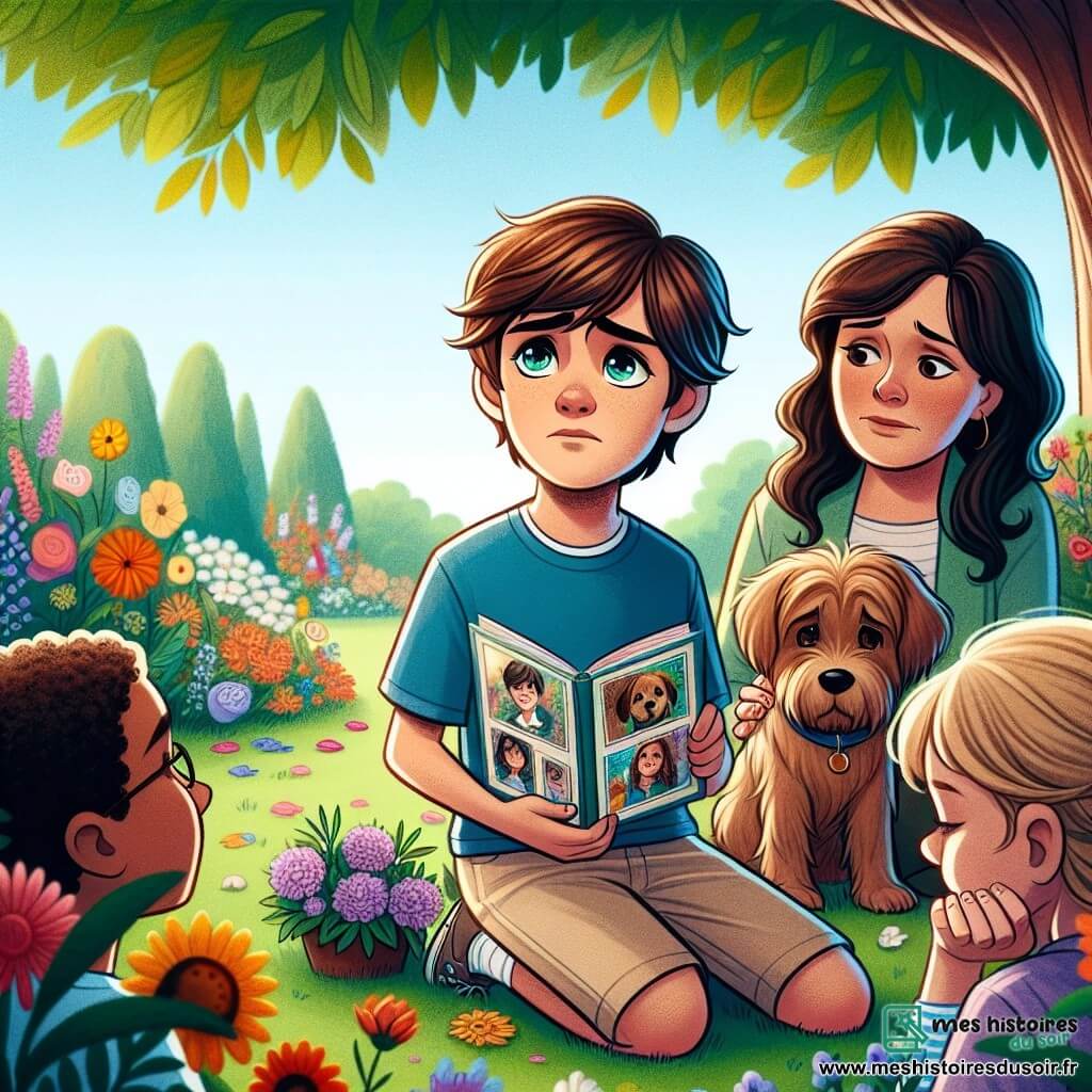 Un garçon de 12 ans, Tom, se tient au centre de l'image, avec des cheveux châtains en désordre et des yeux tristes. Il porte un t-shirt bleu et un short beige, tenant un album de souvenirs ouvert avec des photos de son chien Max. À côté de lui, sa mère, une femme d'une trentaine d'années aux cheveux longs et bruns, le regarde avec compassion. Le décor est un parc verdoyant avec des fleurs colorées et un grand arbre majestueux, où se déroule une petite cérémonie en mémoire de Max. Des amis de Tom, des enfants de 10 à 12 ans, sont rassemblés autour de lui, chacun tenant une fleur pour rendre hommage à l'animal. Tom partage des souvenirs de Max avec ses amis, qui déposent des fleurs au pied de l'arbre, créant un moment de réconfort et de solidarité.