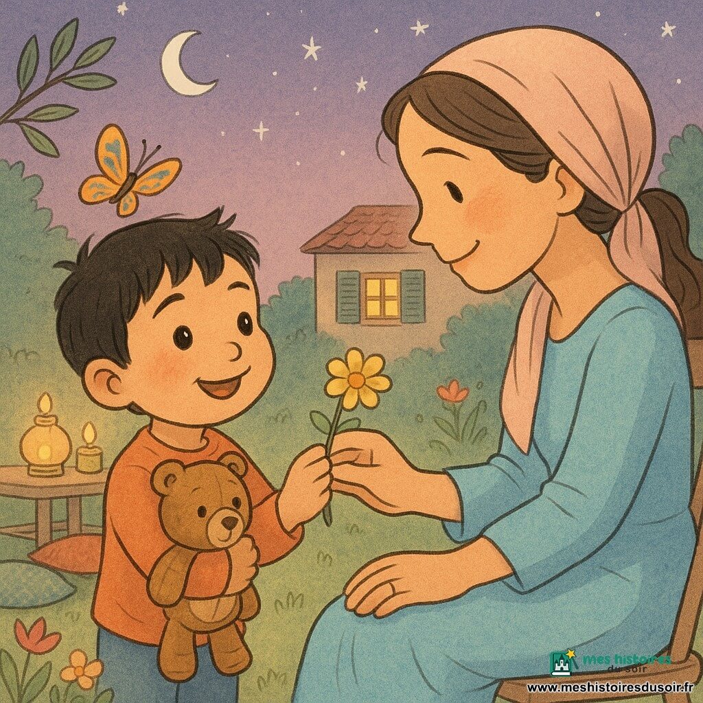 Samir, garçon de 4 ans aux cheveux noirs courts, peau mate et sourire émerveillé, tend une petite fleur jaune à sa maman d'environ 30 ans, douce et souriante, cheveux longs attachés, en robe bleu clair et foulard, assise sur une chaise de jardin; un ours en peluche brun usé est accroché à son bras, un papillon orange et bleu vole au-dessus de sa tête. Le jardin du soir montre une pelouse verte, des lampes à huile sur une table en bois, des coussins colorés, une branche d'olivier et des fleurs basses; au loin une maison aux volets ouverts avec une fenêtre éclairée. Le ciel crépusculaire violet, étoiles argentées et croissant de lune créent une ambiance calme et chaleureuse avec lanternes jaune orangé; scène centrée sur leurs mains qui se rejoignent, partage tendre après l'iftar, couleurs chaudes et contours doux.