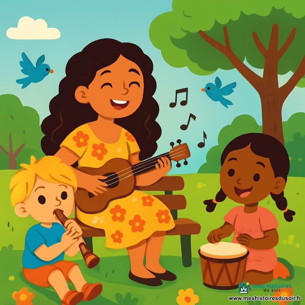 Maia, une jeune femme aux cheveux longs et bouclés, porte une robe légère à motifs floraux. Elle sourit chaleureusement et est assise sur un banc dans un parc, tenant une petite guitare. À côté d'elle, un garçon de 8 ans, avec des cheveux blonds en bataille, joue de la flûte, tandis qu'une fillette de 6 ans, avec des tresses et une robe rose, tape doucement sur un tambour. Le parc est verdoyant, avec des arbres majestueux et des fleurs colorées. Maia chante une douce mélodie, entourée des enfants qui l'écoutent, créant une atmosphère de partage et de bonheur musical, avec des oiseaux volant autour d'eux.