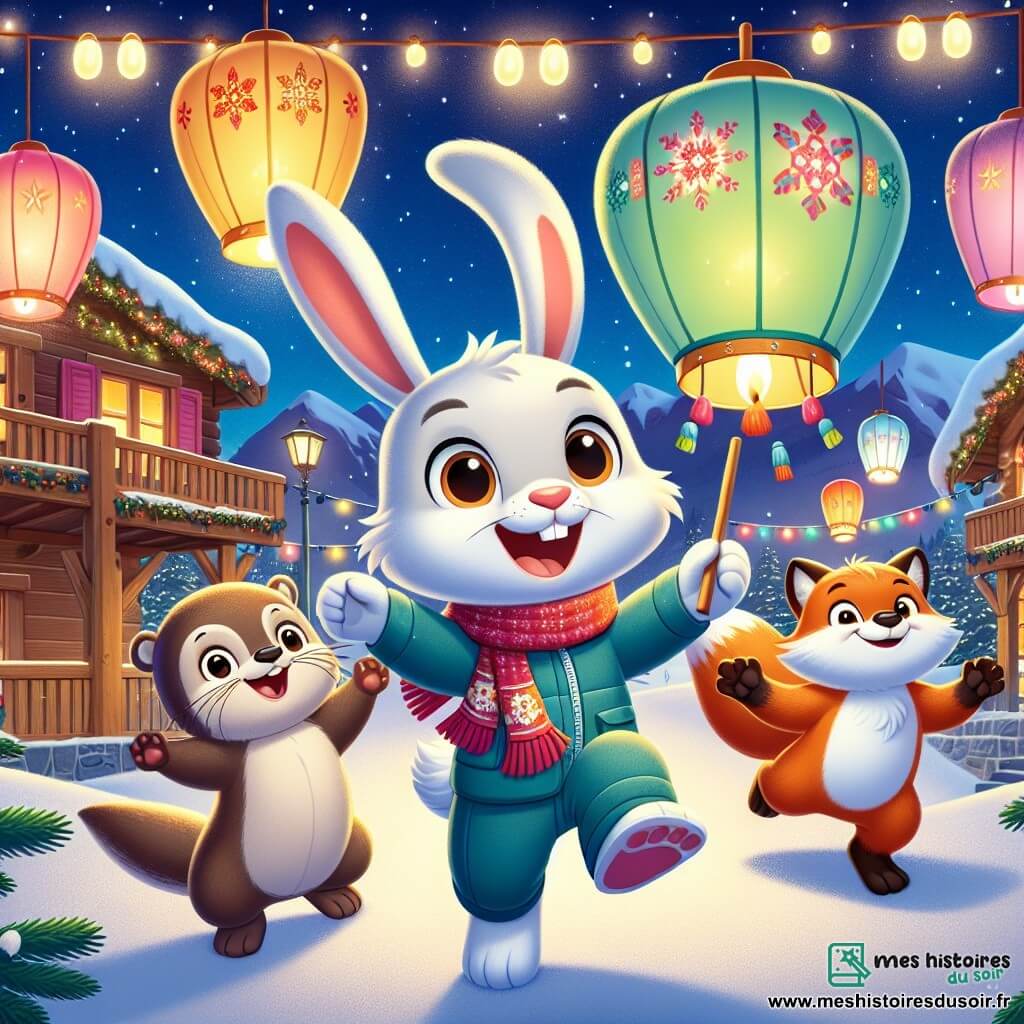 Théo, un lapin aux grandes oreilles et à la fourrure blanche, est au centre de l'image, les yeux brillants de joie et un large sourire. Il tient une lanterne colorée, prêt pour le défilé. À ses côtés, Lili la loutre, avec sa fourrure brune, saute de joie, les bras levés. Max le renard, avec son pelage roux, se tient en arrière, admirant les lanternes dans le ciel étoilé. Le décor est une station de ski avec des chalets en bois, un sapin de Noël scintillant et des flocons de neige. La scène est festive et chaleureuse, avec Théo et ses amis prêts à faire s'envoler leurs lanternes, symbolisant leurs souhaits pour la nouvelle année.