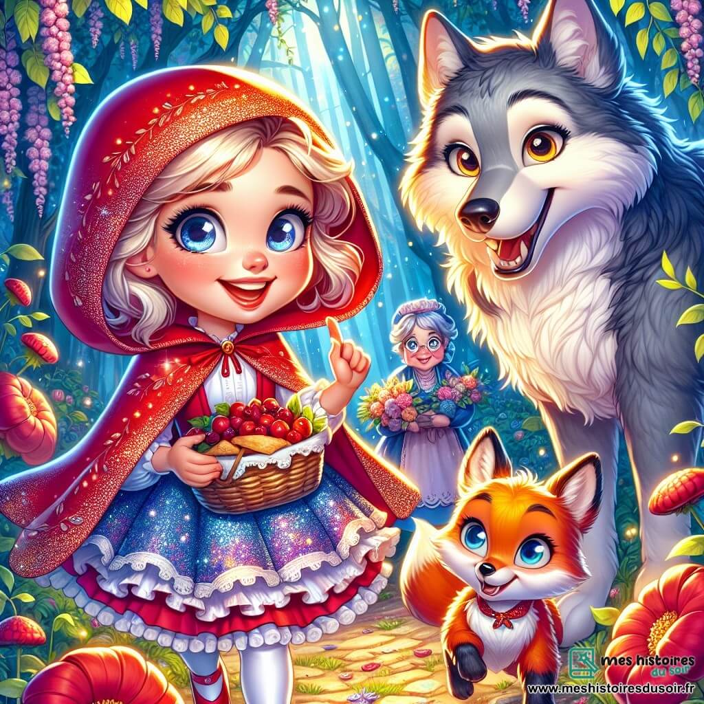 Au centre de l'image, le Petit Chaperon Rouge, une fille d'environ 8 ans, porte une combinaison brillante qui change de couleur, du rouge au bleu. Elle sourit, ses yeux pétillants de curiosité. Elle tient un panier de tartes aux baies pour sa grand-mère. À ses côtés, un loup amical, grand et poilu, se tient debout sur ses pattes arrière, prêt à aider. Un renard rusé, aux poils orange, observe la scène avec un air malicieux. La scène se déroule dans une forêt enchantée, avec des arbres scintillants et des fleurs dansantes. Le Petit Chaperon Rouge et ses amis se préparent à organiser une fête pour célébrer l'unité entre tous les êtres.