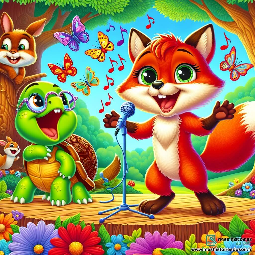 Un jeune renard aux poils roux éclatants chante passionnément sur une scène en bois décorée de fleurs colorées, ses pattes levées et un sourire radieux. À ses côtés, une tortue sage avec des lunettes l'encourage avec fierté. Un écureuil espiègle danse joyeusement autour de lui, battant le rythme. La scène se déroule dans une clairière ensoleillée, entourée d'arbres majestueux et d'un ciel bleu, où d'autres animaux l'observent avec admiration. Le renard, sur le point de surmonter sa peur, célèbre le pouvoir de croire en soi et l'importance de l'amitié.