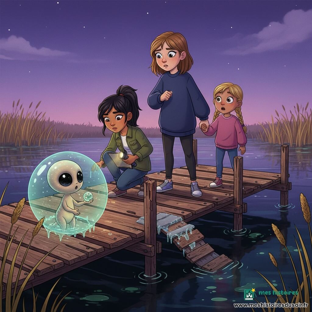Trois filles sur un vieux ponton en bois verni et craquelé au crépuscule : Lina (~12 ans), carré châtain clair, sweat bleu marine trop grand, au centre du ponton, une main sur la rambarde, regard vers l’eau ; Maya (~12 ans), cheveux noirs en queue de cheval, veste kaki, accroupie à gauche avec un carnet et une petite lampe éclairant la surface du lac ; Zoé (~9 ans), blondes en tresses, pull jaune moutarde, main dans celle de Lina, à droite, bouche ouverte. Le lac noir brille, roseaux dorés ondulent, le ciel violet profond laisse percer quelques étoiles et des reflets vert laiteux montent près du bout du ponton. Au bord du ponton flotte une bulle extraterrestre translucide, lumière nacrée vert-bleu, petite passerelle gelée déployée ; une créature nacrée de la taille de Zoé, aux grands yeux noirs scintillants, émerge en offrant une petite balise sphérique brillante ; ambiance mystérieuse et chaleureuse, visages émerveillés, couleurs saturées et contrastes marqués.