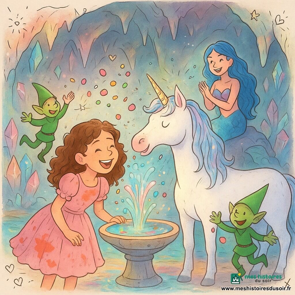 Princesse Amélie, 10 ans, rayonnante en robe rose tachée de confiture, rit en se penchant pour boire l'eau pétillante d'une fontaine multicolore; à côté, une licorne blanche aux crins irisés secoue la tête en envoyant des étincelles, posture affectueuse; sur un rocher, la sirène Farah aux cheveux bleus et à la queue scintillante applaudit en souriant; deux farfadets verts aux chapeaux pointus jettent des bonbons; le tout dans une grotte enchantée aux murs de cristaux multicolores, lumière phosphorescente, stalactites fines et reflets arc‑en‑ciel, ambiance festive de joie contagieuse avec bulles brillantes et pluie de bonbons.