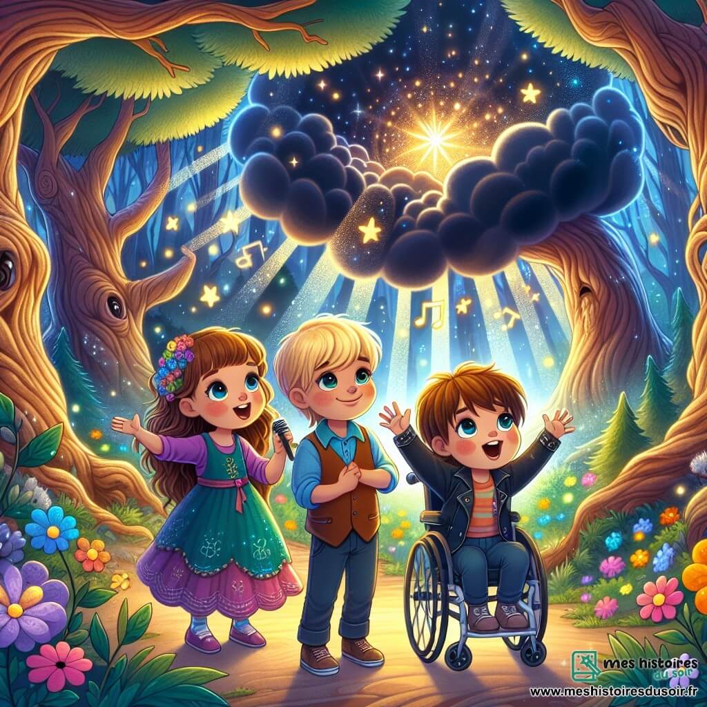 Dans une forêt enchantée, trois enfants se tiennent prêts pour l'aventure. Léo, un garçon de 8 ans aux cheveux dorés, est à gauche, déterminé. À sa droite, Mia, 7 ans, chante joyeusement, et à côté, Lucas, 9 ans en fauteuil roulant, sourit courageusement en tenant un petit drapeau coloré. La forêt est magique avec de grands arbres et des feuilles scintillantes. Des fleurs multicolores dansent autour d'eux, tandis qu'un nuage sombre cache une étoile brillante. Les enfants chantent pour libérer l'étoile, illuminés par la lumière qui perce. L'ambiance est magique et pleine d'espoir, illustrant la force de l'amitié face aux défis.