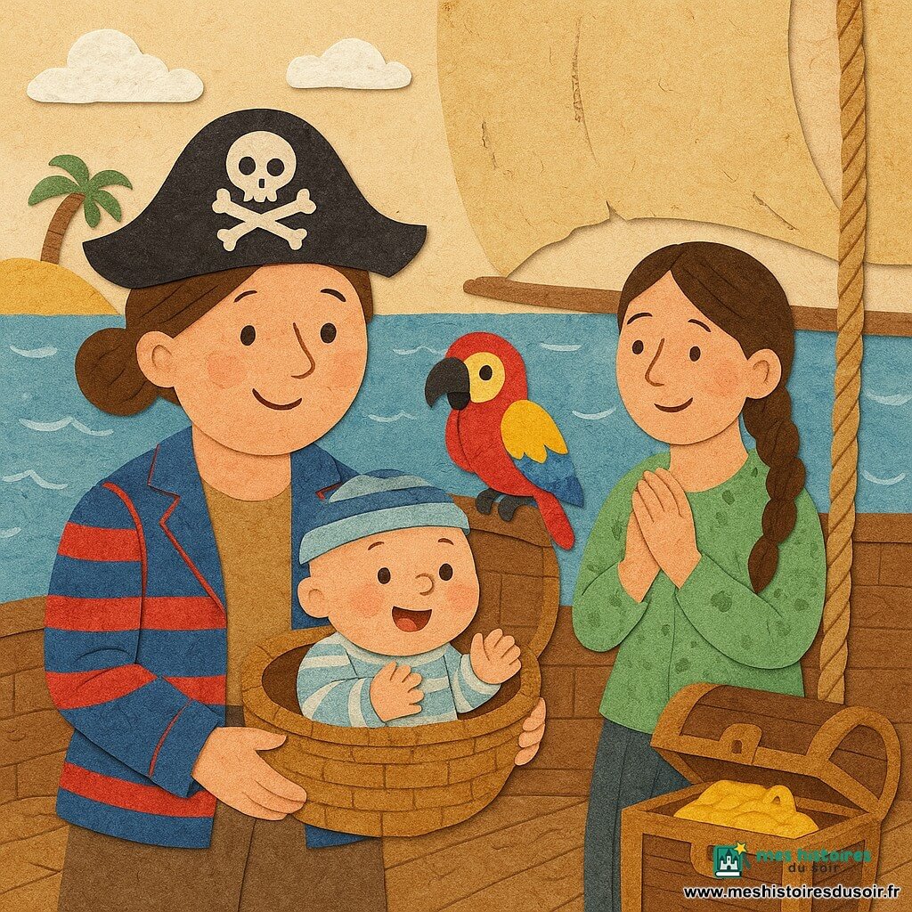 Femme pirate Lila, visage rond souriant, cheveux bruns en chignon, veste rayée bleue et rouge, tient un panier où est assis un bébé garçon de 6–9 mois en bonnet rayé, joues roses, gazouillant; Marinette, ~30 ans, cheveux tressés, blouse verte salée, compte les vagues en souriant; Jojo le perroquet rouge, bleu et jaune perché sur la barre du gouvernail; bateau-biscuit au pont marron texturé, voiles colorées légèrement déchirées, tonneaux et cordages; arrière-plan mer bleue aux reflets argentés, île aux palmiers et ciel clair; après une petite tempête, coffre ouvert avec couverture brillante et tétine en or, ambiance chaleureuse et sécurisante, formes simples, couleurs vives et textures type papier collé.