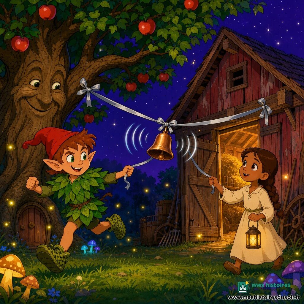 Pip, petit lutin malicieux aux yeux verts, bonnet rouge, veste de feuilles et chaussures en herbe, sourit en courant vers la grange en tenant un bout d’un ruban argenté; Lila, fillette d’environ 8 ans aux cheveux en tresse et robe crème, tient l’autre bout et regarde une clochette suspendue; un grand pommier au tronc avec une petite porte et un nœud formant un visage souriant penche ses branches vers eux; derrière, une vieille grange en bois rouge fané avec une porte entrouverte laissant échapper une lumière dorée; nuit douce au ciel violet étoilé, poussières lumineuses et champignons brillants; ambiance chaleureuse, magique et rassurante alors que le ruban argenté relie la grange et la branche et que la clochette tinte.