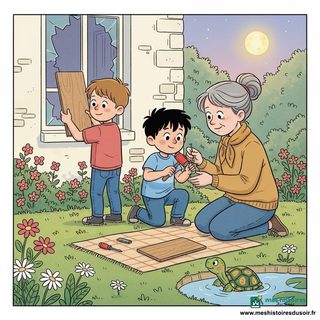 Quatre personnages dans un jardin au crépuscule derrière une maison en pierre blanche : Tom, 4 ans, petit garçon aux cheveux châtain clair, visage rond et tache de café sur le nez, tient une planche contre la fenêtre cassée à gauche, regard concentré ; Léo, 4 ans, cheveux noirs en bataille, sourire timide, au centre cloue doucement avec un petit marteau rouge ; Mme Rose, voisine d'environ 65 ans aux cheveux gris en chignon et écharpe couleur miel, à droite, genoux sur l'herbe, guide la main de Léo et regarde Tom avec douceur ; une vieille tortue à carapace verte et motifs jaunes, petite, observe la scène depuis une mare miroir à droite ; herbe tondue, fleurs roses et marguerites, quelques planches et outils posés sur une couverture à carreaux, lumière dorée du soir, ambiance douce et chaleureuse, style BD franco-belge aux couleurs pastel et contours nets.