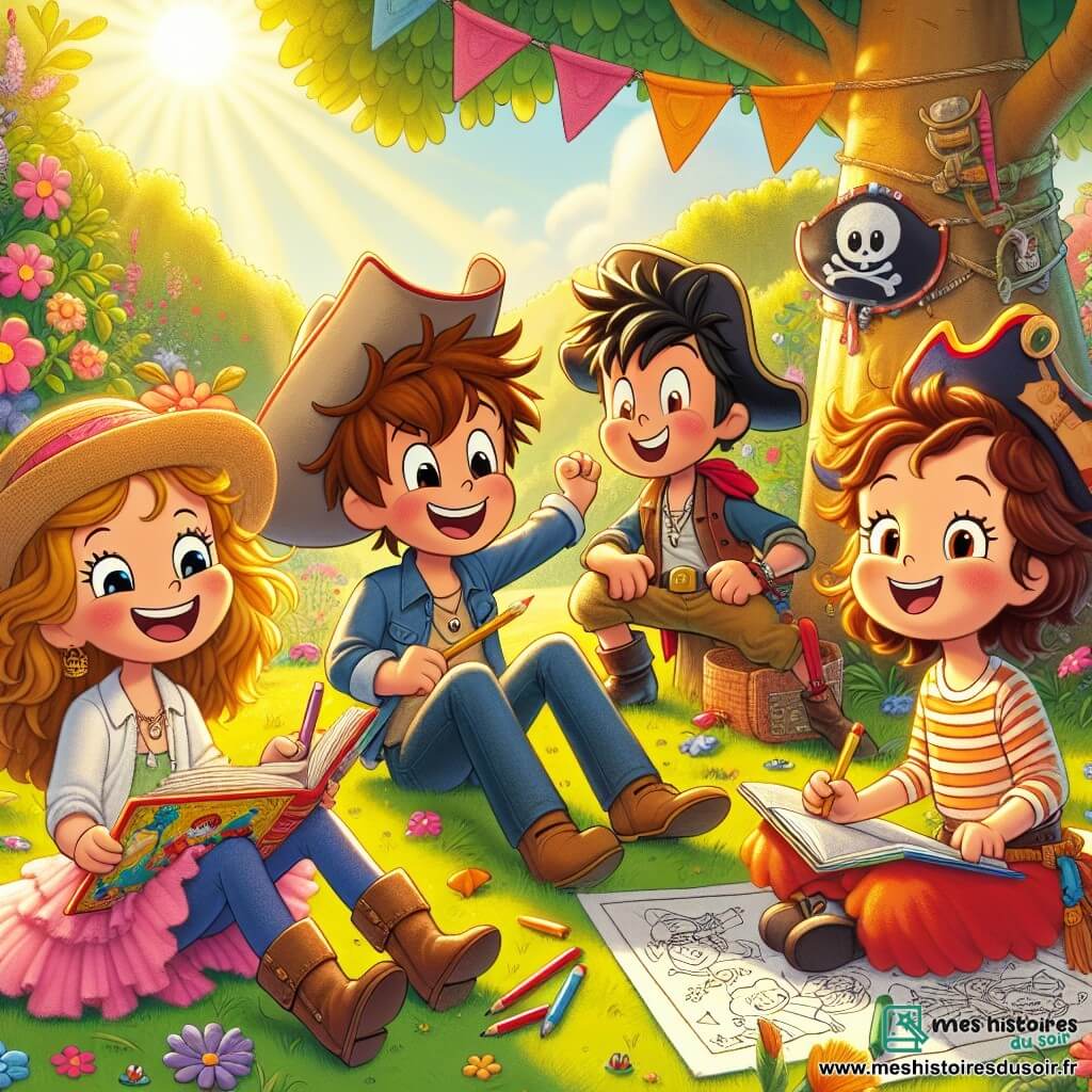 Quatre amis, deux garçons et deux filles d'environ 10 ans, se retrouvent dans un jardin ensoleillé. Max, avec ses cheveux bruns en bataille et un chapeau de cowboy, rit en tenant une affiche colorée. Clara, aux cheveux longs et blonds, est assise sur l'herbe avec un carnet de dessins sur les genoux. Tom, habillé en super-héros avec une cape rouge, saute en l'air, prêt à relever un défi. Lou, avec des cheveux châtains et frisés, porte un casque de pirate et observe ses amis avec un sourire malicieux. Le jardin est verdoyant, rempli de fleurs et d'un grand chêne, avec une banderole annonçant "La Grande Compétition des Épreuves Loufoques". Ils s'apprêtent à commencer une course en sac, riant, tandis que Lou les observe, prête à donner le signal de départ.