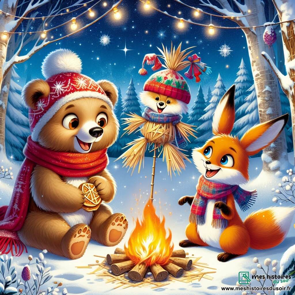 Illustration d'un jeune ours brun joyeux et curieux, portant une écharpe rouge et un bonnet à pompon, observant un épouvantail en paille entouré de flocons de neige scintillants. À ses côtés, un renard rusé au pelage orange vif et à la queue touffue sourit en tenant une crêpe. Non loin, une lapine aux grandes oreilles et au pelage blanc comme la neige saute de joie avec une petite écharpe colorée. La scène se déroule dans une forêt hivernale magique, avec des arbres recouverts de neige et un grand feu de camp crépitant au centre, illuminant les visages des personnages. Les trois amis célèbrent ensemble la fête de l'hiver, partageant des crêpes et riant autour du feu, tandis que des étoiles brillent dans le ciel nocturne.