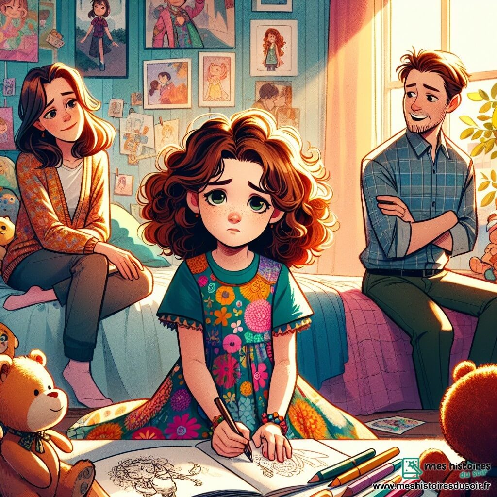 Clara, une fille de 9 ans aux cheveux châtains bouclés, porte une robe colorée à motifs floraux. Elle a un regard mélancolique mais déterminé, assise sur son lit entourée de peluches, tenant un carnet de dessins. Sa maman, une femme d'une trentaine d'années avec des cheveux longs et lisses, lui sourit tendrement en posant une main réconfortante sur son épaule. Son papa, un homme d'une trentaine d'années avec une légère barbe et des lunettes, se tient près de la porte, les bras croisés, avec un sourire encourageant. La scène se déroule dans la chambre de Clara, décorée de couleurs vives, avec des posters de dessins animés et des jouets au sol. La lumière du soleil filtre à travers les rideaux, créant une ambiance chaleureuse. Clara partage ses dessins avec ses parents, symbolisant l'amour et le soutien familial malgré la séparation, tandis qu'ils échangent des sourires et des regards pleins de compréhension.