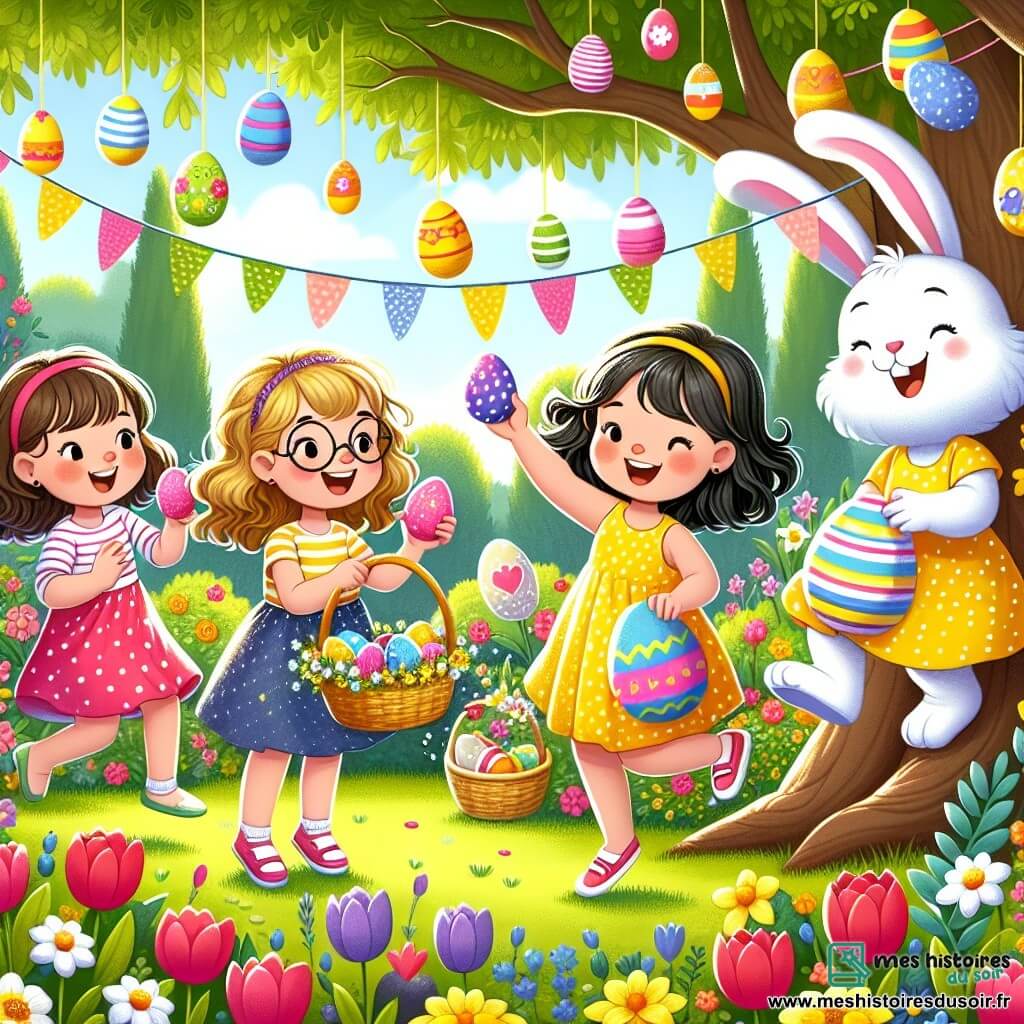 Quatre petites filles, Lila, Zoé, Mia et Chloé, âgées de 6 à 7 ans, sont dans un jardin ensoleillé. Lila peint un œuf rose, Zoé tient un œuf bleu décoré de pois, Mia montre un œuf doré, et Chloé découvre un œuf à étoiles. Le jardin est coloré avec des fleurs et des guirlandes de papier, et un lapin de Pâques souriant est présent avec un panier d'œufs décorés. Les filles s'amusent à chercher les œufs cachés, créant une atmosphère joyeuse et festive.