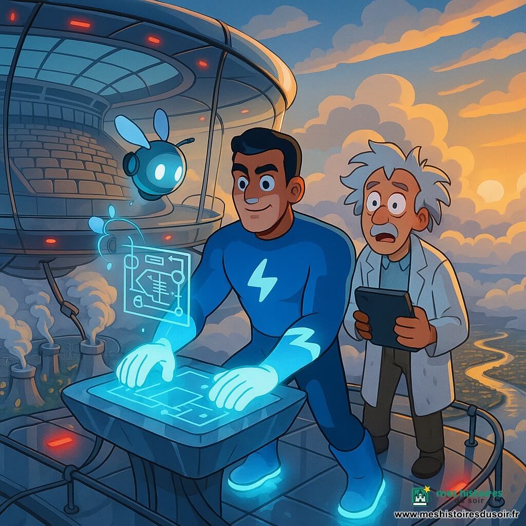 Flashmarin, héroïque et concentré, visage déterminé aux yeux bleu profond, porte un costume bleu vif à éclairs blancs, bottes à propulsion et gants lumineux, et manipule une large console en cristal sur le toit d’un drone géant translucide; à ses côtés, le professeur Pluvio, penaud et surpris, cheveux gris en bataille et blouse humide, tient une tablette clignotante; un petit robot rond projette un hologramme bleu pâle près de la console; autour d’eux, un amphithéâtre de verre suspendu au‑dessus des nuages, câbles et voyants rouges, et en contrebas la ville de Lumina sous une pluie qui s’apaise; Flashmarin inverse les pompes du Nuaginateur: la vapeur est aspirée, les gouttes s’estompent, les nuages se dissipent et la rivière se retire, créant une scène d’action technique aux contrastes de bleu électrique, gris orageux et reflets dorés du soleil naissant.