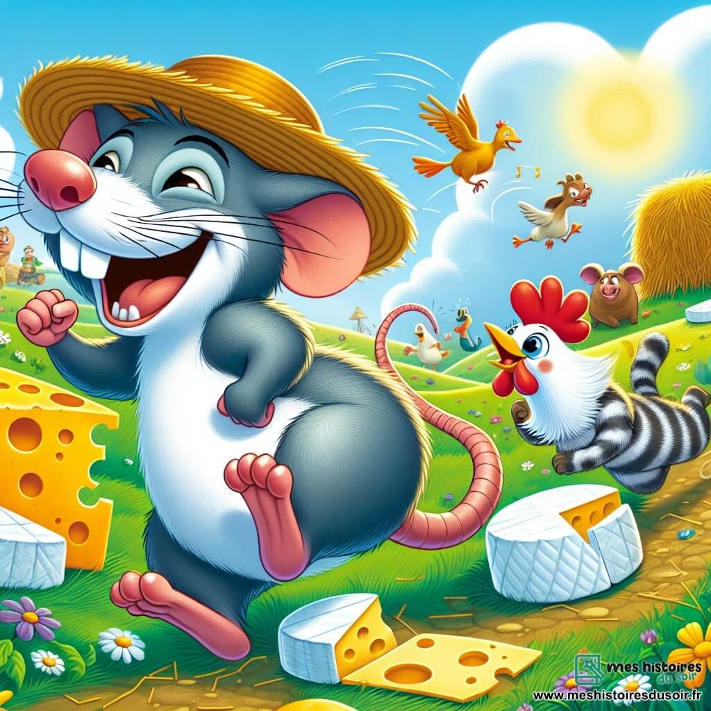 Rémi le rat, un petit rongeur malicieux portant un chapeau de paille, sourit en courant joyeusement avec un fromage camembert sous le bras. À ses côtés, Chatouille le chat, un félin rayé gris et blanc, se frotte les pattes en riant, prêt pour la course de fromage. Plume, la poule dorée, glousse en sautillant derrière son fromage brie. La scène se déroule dans un pré verdoyant avec des fleurs colorées, sous un ciel bleu ensoleillé, où des animaux comme des canards et des cochons encouragent les coureurs. Rémi et ses amis sont en pleine course, créant une ambiance joyeuse et ludique.