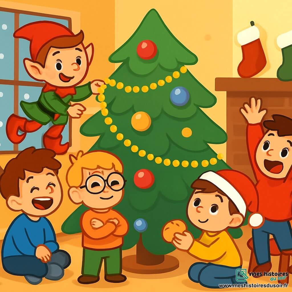 Il y a 5 personnages : un lutin farceur en bonnet rouge et souliers verts, souriant et lançant des guirlandes de Noël depuis une branche du sapin ; Léo, 7 ans, avec des cheveux bruns en bataille et un pull bleu, riant au sol ; Max, 6 ans, blond avec des lunettes rondes, debout à côté de Léo, souriant ; Tom, 8 ans, châtain avec un bonnet de Noël, accroupi avec un biscuit à offrir au lutin ; et Hugo, 5 ans, noir avec un pull rouge, debout sur une chaise, essayant d'atteindre le lutin. Le lieu est un salon chaleureux, décoré pour Noël avec un grand sapin vert, des boules colorées, des guirlandes lumineuses, des flocons de neige tombant à l'extérieur et des chaussettes de Noël accrochées au-dessus de la cheminée. La scène montre le lutin jouant avec les décorations du sapin, tandis que les garçons rient et s'amusent autour de lui, créant une atmosphère joyeuse.
