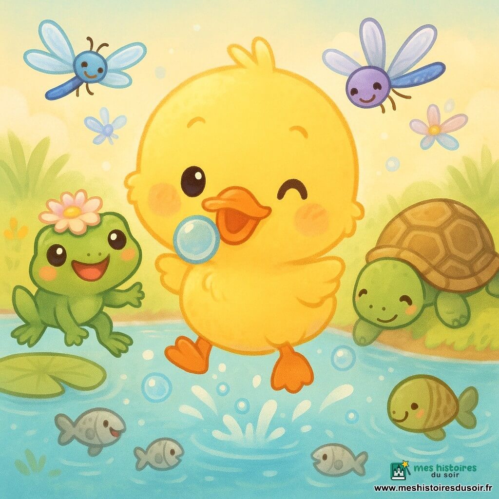 Un canard jaune rond et doux au petit bec orange fait des bulles et saute légèrement sur un étang ensoleillé; à gauche, une grenouille verte lisse au chapeau de fleurs sourit et saute sur un nénuphar; à droite, une tortue à carapace brune plonge doucement, joyeuse; des poissons argentés font des bulles autour des pattes du canard et des libellules bleu-violet voltigent au-dessus, créant une ambiance gaie et chaleureuse de concours de sauts.