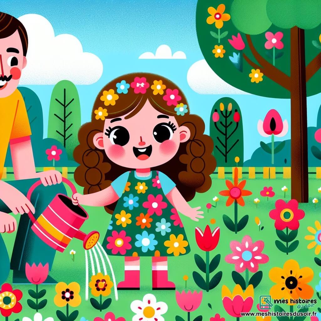 Une petite fille de 2 ans, aux grands yeux brillants et cheveux bouclés, porte une robe à fleurs et sourit en arrosant des fleurs dans le jardin avec un arrosoir rose. Sa maman, d'environ 30 ans, cheveux longs et bruns, en t-shirt jaune et jean, montre une tulipe rouge avec fierté à côté d'elle. Son papa, environ 35 ans, avec une légère barbe et un t-shirt bleu, prépare le jardin avec un seau de terre. Le jardin est lumineux, rempli de fleurs colorées, d'arbres verts et d'un ciel bleu avec des nuages blancs. Lily, joyeuse, arrose les fleurs pendant que ses parents l'encouragent à découvrir la beauté du printemps.
