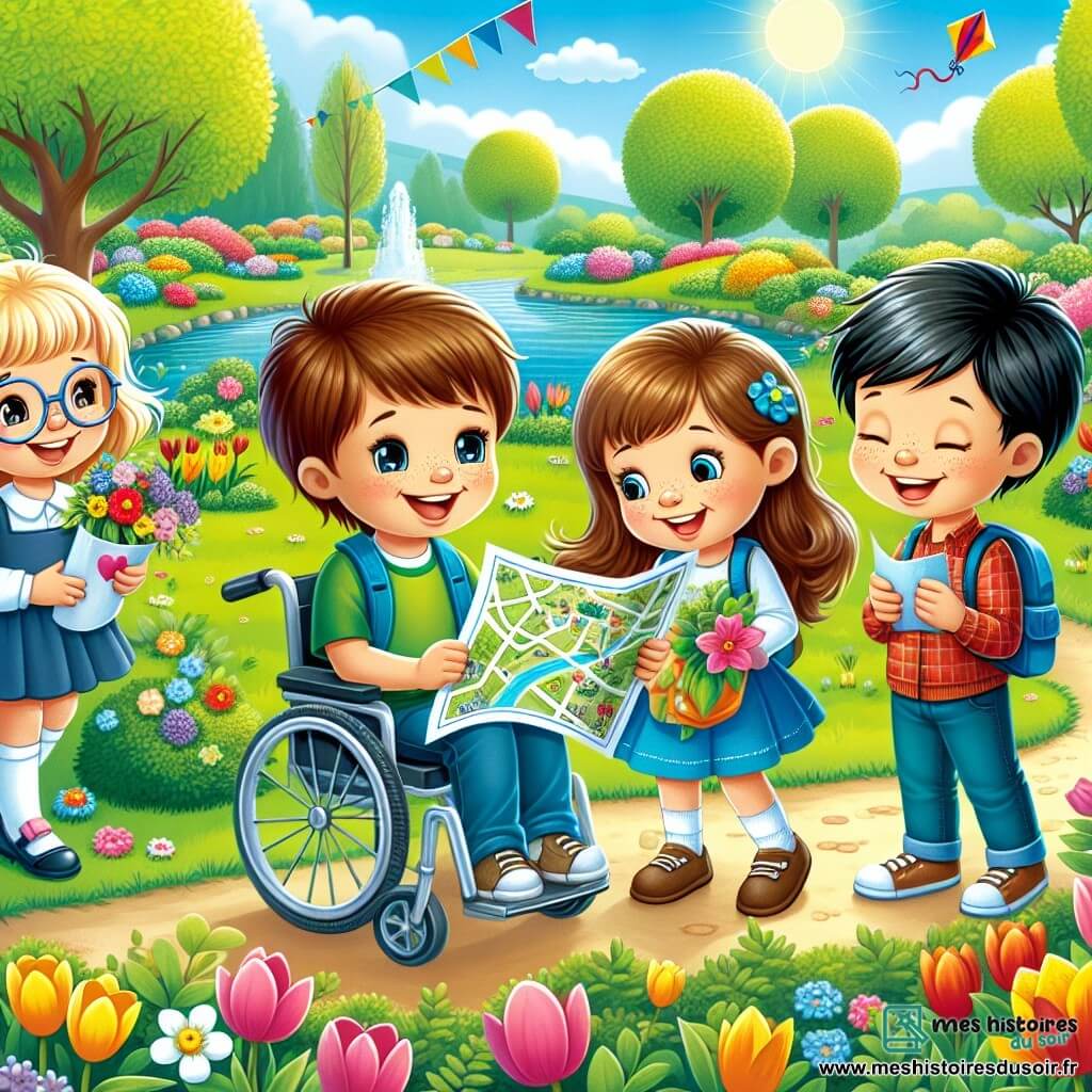 Dans un parc ensoleillé au printemps, quatre enfants sont réunis pour une chasse au trésor. Lucas, 11 ans, sourit avec une carte, Sarah, 10 ans, tient un bouquet de fleurs, Hugo, 11 ans, est dans son fauteuil roulant avec un œuf en chocolat, et Maxime, 11 ans, lit un indice. Le parc est fleuri, avec un lac scintillant et des canards. Les enfants cherchent des indices tout en partageant des rires et des moments d'amitié.
