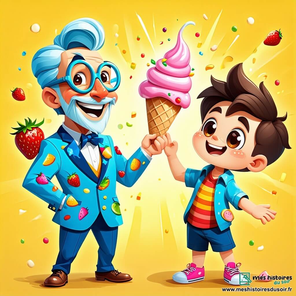 Monsieur Gloubi, un homme jovial en costume bleu vif orné de motifs de glaces colorées, fait apparaître une glace aux fruits d'un claquement de doigts, ses yeux brillants de joie. À ses côtés, Super Débile, un garçon espiègle d'environ 10 ans avec des cheveux en bataille et un t-shirt à rayures multicolores, rit en glissant sur une glace tombée au sol. Le Capitaine PinPon, un autre garçon de 9 ans avec une casquette rouge, sonne une cloche brillante, entouré de confettis colorés. La scène se déroule sur la grande place de Rigolopolis, où des enfants rient et dansent autour d'une fontaine, sous un ciel bleu. L'ambiance est festive avec des tables chargées de glaces multicolores. Monsieur Gloubi et ses amis profitent de la fête des glaces, tandis que Super Débile tombe dans un tas de crème fouettée, provoquant un éclat de rire général.