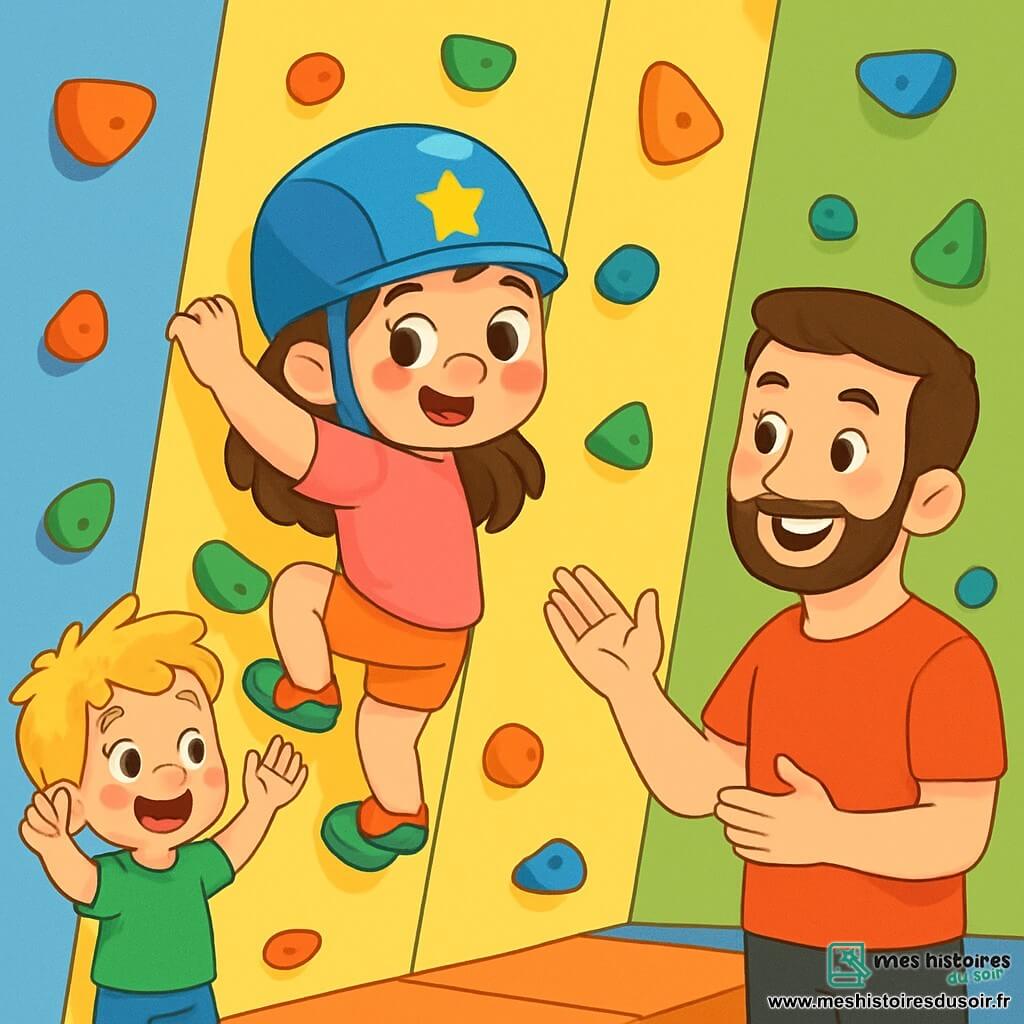 Lila, une petite fille de 4 ans aux cheveux bruns et aux yeux pétillants, grimpe avec enthousiasme sur un mur d'escalade. Elle porte un casque bleu étoilé et un t-shirt rose. À côté d'elle, Tom, un garçon de 5 ans aux cheveux blonds en bataille, l'encourage en levant les bras, vêtu d'un t-shirt vert et de shorts bleus. Max, un homme souriant d'environ 30 ans avec des cheveux bruns et une barbe soignée, se tient en bas du mur prêt à aider, portant un t-shirt rouge et un pantalon noir. La scène se déroule dans un club d'escalade coloré, avec des murs vifs et des tapis de sécurité. Lila grimpe avec détermination, soutenue par Tom et Max, créant une ambiance de camaraderie.