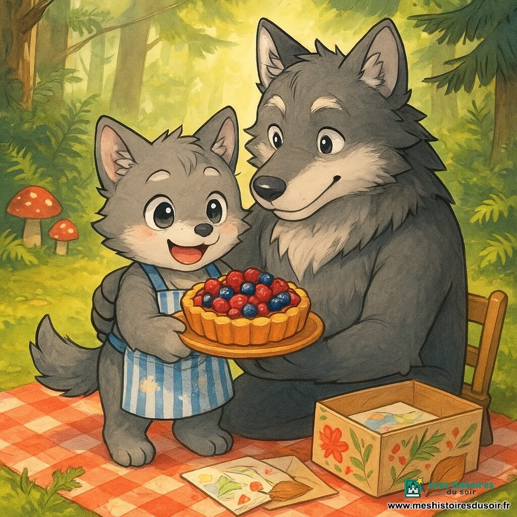 Petit Loup, louveteau anthropomorphe au visage rond et pelage gris doux, tenant une tarte aux baies dorée sur une assiette en bois et portant un tablier rayé taché de farine, est serré tendrement par Papa Loup, grand loup gris plus foncé aux mèches blanches, assis sur une petite chaise, dans une clairière ensoleillée tapissée de mousse, fougères et petits champignons rouges ; sur une nappe à carreaux au sol une boîte ouverte révèle un dessin et des enveloppes en feuille de châtaignier à côté de la tarte : scène chaleureuse et intime de fête des pères, peinture douce et lumineuse aux couleurs chaudes, style manga enfantin aux traits ronds et expressions tendres.
